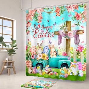 Rideau de douche moderne en forme de fleur de lapin de Pâques 3D pour salle de bain et décoration intérieure avec stock de style printanier - Product Image 3