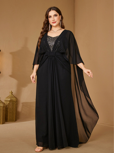 Cộng Với Kích Thước Phụ Nữ Hình Trái Tim Cổ Áo Cánh Dơi Tay Áo Màu Đen Sequined Voan A-Line Dài Ăn Mặc Thích Hợp Cho Buổi Tối Bên Và Gala - Product Image 3