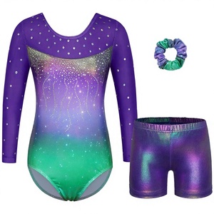 Ensemble justaucorps à manches longues avec short pour filles, orné de strass dégradés, tenue élégante de gymnastique pour la danse et les spectacles - Product Image 2