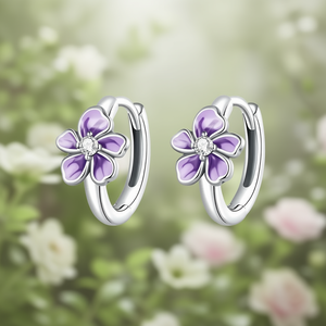 Orecchini a Cerchio con Fiore in Oro Bianco e Diamante Taglio Brillante Rotondo, Montatura a Griffe, Argento 925, per Uso Quotidiano Femminile - Product Image 2