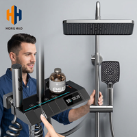 Ensemble de douche gris en aluminium de haute qualité à 4 fonctions avec affichage LED de la température, robinets thermostatiques muraux, douche à touches piano douces pour salle de bain