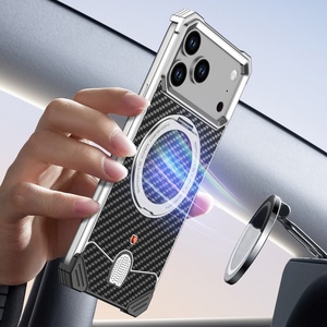 Custom Carbon Fiber Texture Metal <b>Phone</b> Case for iPhone 17 Pro Max With 360° Magnetic <b>Ring</b> Stand Frameless Shockproof Cover - Product Image 4