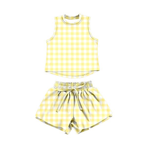 GSSO3474 Custom active girl light green plaid print outfits kids wholesale girl yoga child <b>Athletic</b> summer shorts sleeve set - Product Image 2