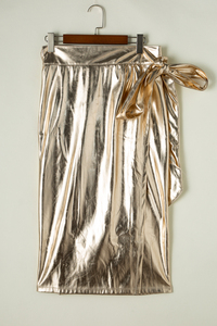 Shewin 2025 Mayorista Señora Oro Metalizado Cuero Anudado Wrap Mujeres Midi Falda - Product Image 5