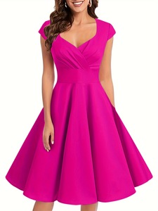Robe d'été décontractée pour femme, élégante, rétro, plissée, col en V, sans manches, mi-longue, personnalisable - Product Image 6