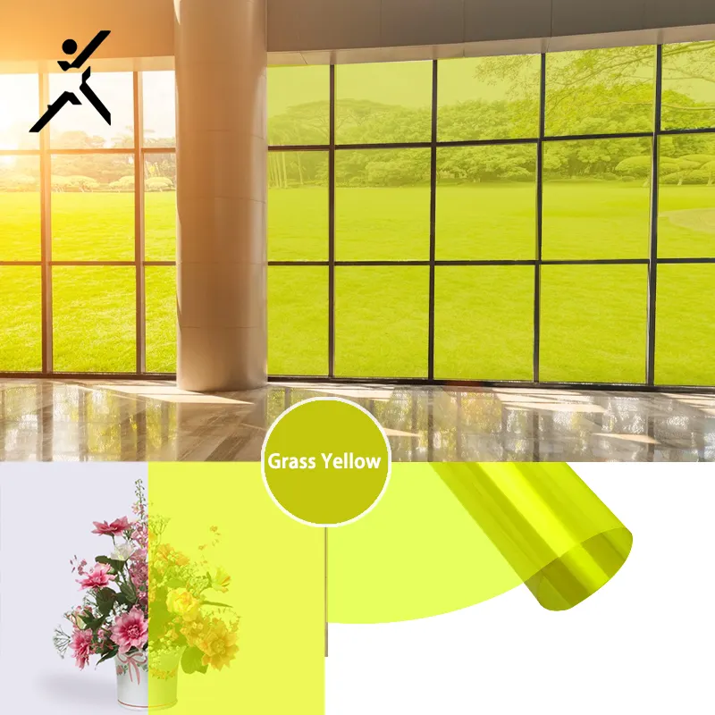 Arquitetura clara e colorida filme vidro decorativo laminação filme à prova de explosão decoração interior grama amarelo