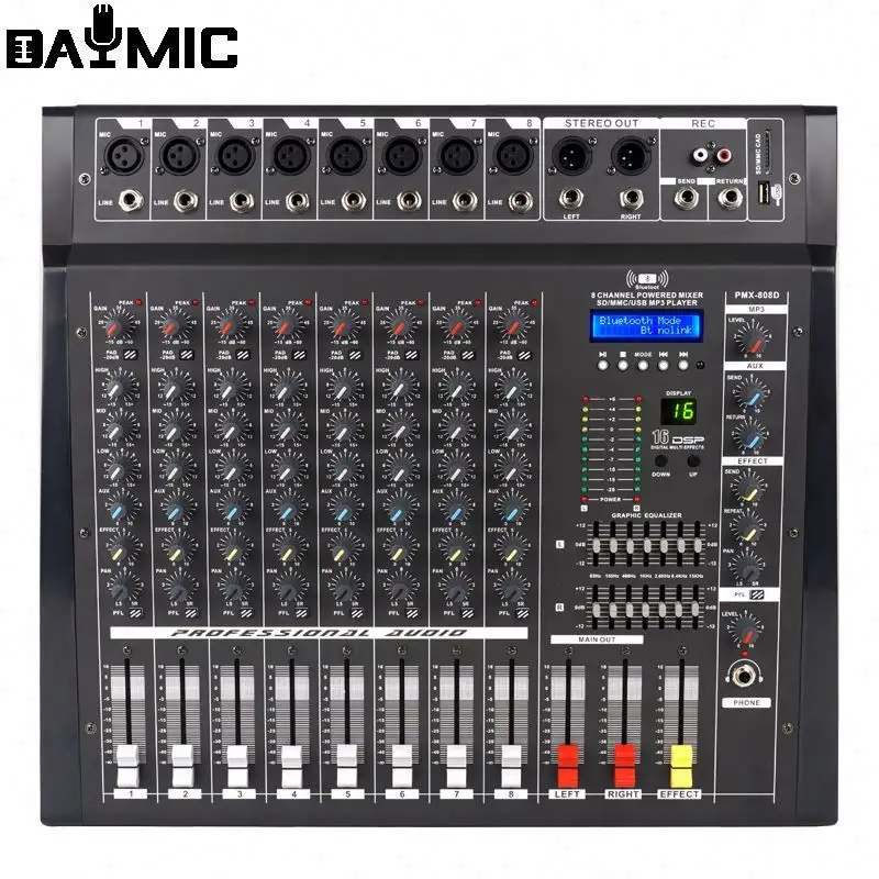 AOSHEN Amplifier Audio gema 16 DSP, Blender Mixer 2x300W/8ohm USB dengan BT 8 Channel DJ Mixer Audio Eco