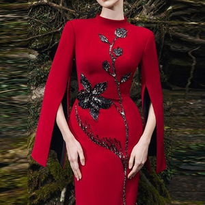 S0425Y 2026 Nuovo Elegante Abito <span class=keywords><strong>Lungo</strong></span> di Qualità <span class=keywords><strong>con</strong></span> Ricami in Strass e Perline, Collo Alto, Maniche Lunghe <span class=keywords><strong>con</strong></span> <span class=keywords><strong>Spacco</strong></span> <span class=keywords><strong>Rosso</strong></span>, <span class=keywords><strong>Vestito</strong></span> da Sera - Product Image 6