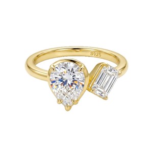 Bague en argent sterling S925 avec deux pierres, plaquée or 14 carats, moissanite taille poire et baguette, bague de fiançailles pour femme, cadeau - Product Image 4