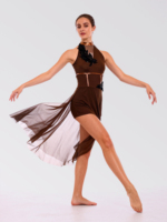 Anna Shi Nouveaux Designs Tissu Spandex Marron Foncé avec Bordure Dorée Estampée à la Feuille d'Or Costumes de Danse