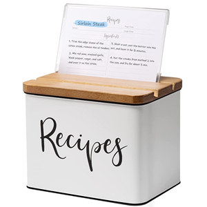 Farmhouse Kitchen Grooved Bamboo Lid Metal Recipe Box Recipe Holder and Organizer