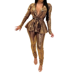 ชุดเซ็ต 2 ชิ้น เสื้อแขนยาวคอวีทรงเข้ารูปพร้อมเข็มขัด กางเกงขายาว แฟชั่นสำหรับผู้หญิง - Product Image 3