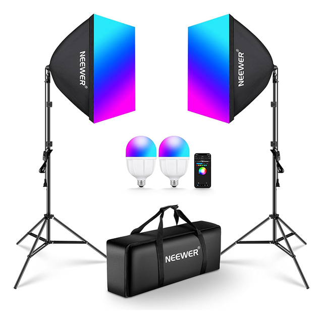 NEEWER App Control 6W LED Bulbs Porcelain Sockets Softboxes RGB Softbox Lighting Kit for Studio Photography Lighting