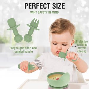 Hot Selling 6-Piece Silicone Baby Feeding Set Dining Plate Bowl Cup Spoon Fork <b>Bib</b>-Eco-Friendly BPA Free Print Pattern Handle - Product Image 2