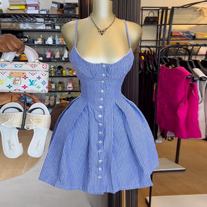 Nuovo Abito Estivo 2025 <span class=keywords><strong>alla</strong></span> Moda con Righe Blu e Scritta Irregolare Mini Abito a Bretelle per Donne Tessuto Lavabile Dolce Naturale - Product Image 5