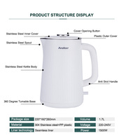 Bouilloire électrique sans fil en acier inoxydable 304 de 1,5 L, 1500 W, arrêt automatique, base rotative à 360°, usage domestique, hôtelier et commercial