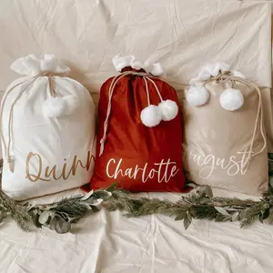 Pompom Fluffy Velvet Santa Sack Sublimation Christmas Gift Bags Blank with Glitter Tinsel Calligraphy Drawstring Santa Bags