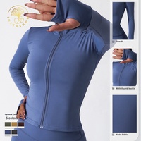 Logo personnalisé Veste de sport mince à manches longues avec fermeture éclair complète pour femmes, course à pied, yoga, fitness, vêtements de sport avec trou pour le pouce