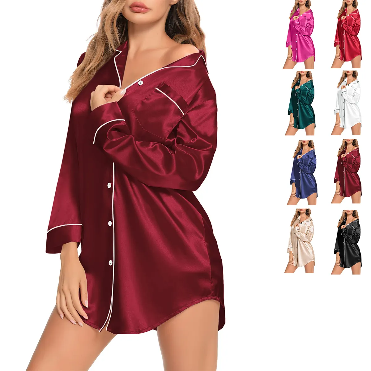 Venta al por mayor rojo de manga larga de seda de satén de bambú de algodón ropa de dormir con botones de Modal camisón pijama camisa para las mujeres