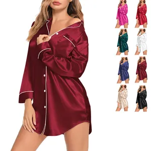 Vente en gros Vêtements de nuit rouge à manches longues en satin de soie bambou et coton Chemise de nuit boutonnée en modal Chemise de nuit pyjama pour femmes