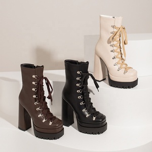 Bottines sexy à plateforme épaisse et antidérapante pour femmes, talons hauts épais, bout carré, lacets - Product Image 6