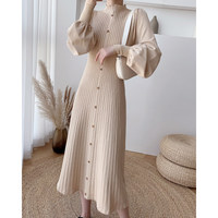 M-2XL automne Semi col haut robe tricotée Version coréenne Slim Fit mi-longueur lanterne manches Base robe en laine
