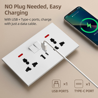 KSQ - Enchufe de Pared Universal Estándar de Plástico Blanco Ultrafino de 6 mm con Interruptor de Luz y Puerto USB de 13 A para Hogar, Oficina y Hotel