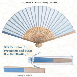 พัดมือพับได้ทำจากผ้าไหมเทียมสีน้ำเงิน พร้อมถุงของขวัญ เหมาะสำหรับงานแต่งงาน งานเลี้ยงฉลอง และของขวัญสำหรับเด็กอ่อน - Product Image 5
