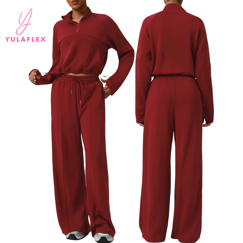 New Casual Women's Two Piece Yoga Sets High Waist Wide Leg Pants with Drawstring Sweatshirt Gym Outfit Yoga Fitness Wear