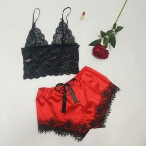 Conjunto de 2 piezas de lencería sexy de seda y satén para mujer, talla grande, bordado, ropa de dormir de otoño, tops, bralette y bragas - Product Image 5