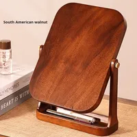 Miroir de maquillage HD rotatif à 360° avec cadre carré en bois de noyer, coins arrondis et plateau de rangement