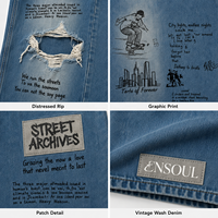 Jeans Baggy Homme Personnalisés Streetwear Vintage Coupe Ample Effet Usé et Déchiré avec Imprimé Graffiti et Patch Tissé