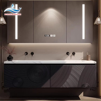 Meuble-lavabo mural moderne à LED avec éclairage intégré, plan de travail en bois, double vasque et miroir inclus, idéal pour les hôtels