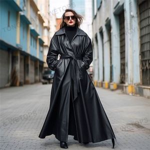 Abbigliamento taglie forti <span class=keywords><strong>donna</strong></span> <span class=keywords><strong>Trench</strong></span> oversize <span class=keywords><strong>nero</strong></span> Maxi lunghezza <span class=keywords><strong>Trench</strong></span> in <span class=keywords><strong>pelle</strong></span> lunga con cintura da <span class=keywords><strong>donna</strong></span> - Product Image 6