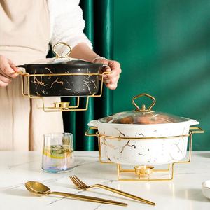 Olla de Sopa de Mármol Estilo Nórdico con Detalles Dorados, Olla Redonda Ovalada Rectangular para Fiestas, Vajilla con Bandeja para Velas - Product Image 4