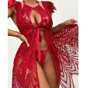 X1493 Hot Sale Classical Lace Long Robes Women Private Sexy underwear Sexy Robe Set Summer Sexi lingerie set Women's Sleepwear