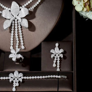 Hibride Elegante <span class=keywords><strong>2</strong></span> Lagen Grote Lange Bloem Ketting En Oorbel Set Dubai Nigeria Cz Kristal Bruiloft Sieraden Set Voor Vrouwen N-1701 - Product Image 3