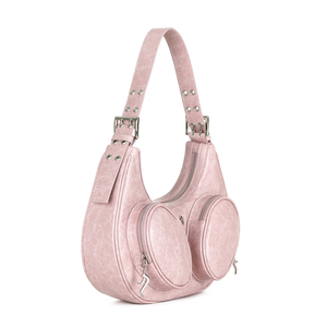 Korean Brand Moon Shaped Crescent Bag With Double Front Pocket <b>Purse</b> Crafted From <b>Soft</b> Vegan <b>Leather</b> Material - Product Image 2