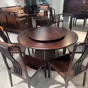 Mesa de comedor redonda de madera de ébano con plato giratorio, juego de comedor de madera maciza de estilo chino moderno para el comedor familiar - Product Image 2