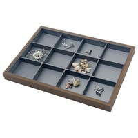 Plateau à bijoux carré en bois personnalisé, en noyer, enveloppé de PVC, 12 à 24 compartiments, en cuir gris crème, pour ranger et présenter des bagues, des colliers, etc.