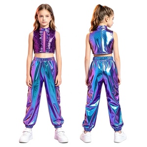 6-16 Kids Girls Stage Show Jazz Dance Outfit Hip-Hop <b>Sequin</b> Metallic Crop <b>Top</b> With Pants Competitions Contemporary Dance Costume - Product Image 2