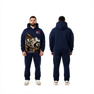 Conjunto Deportivo de Invierno para Hombre, Color Azul Marino, con Sudadera con Capucha de Manga Larga y Pantalones con Cordón, Corte Regular, 100% Algodón - Product Image 1