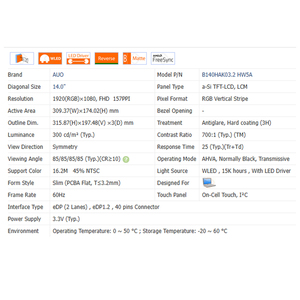 800:1 N140HCG-GQ2/EN1/GR2 , 400Cd/<span class=keywords><strong>m</strong></span> No Touch 16:9 LCD 14,0 "Bildschirm modul 1920*1080 WLED Neuer Laptop LCD-Bildschirm 30Pins 100% SRGB - Product Image 3
