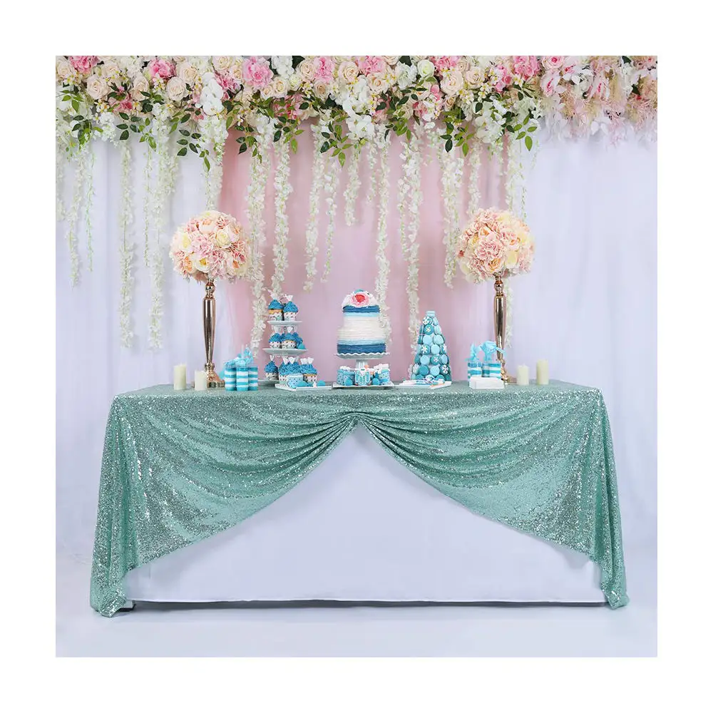 Luxury Wedding Party Banquet Event Decor Cake Dessert Glitter Table Cloth 50x80 Inch Rectangular Sequin Green Tablecloth