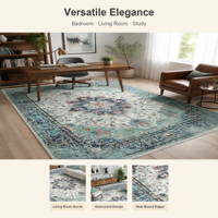 Grand tapis persan vieilli style médaillon, bleu sarcelle aqua, à poils ras et franges, pour salon