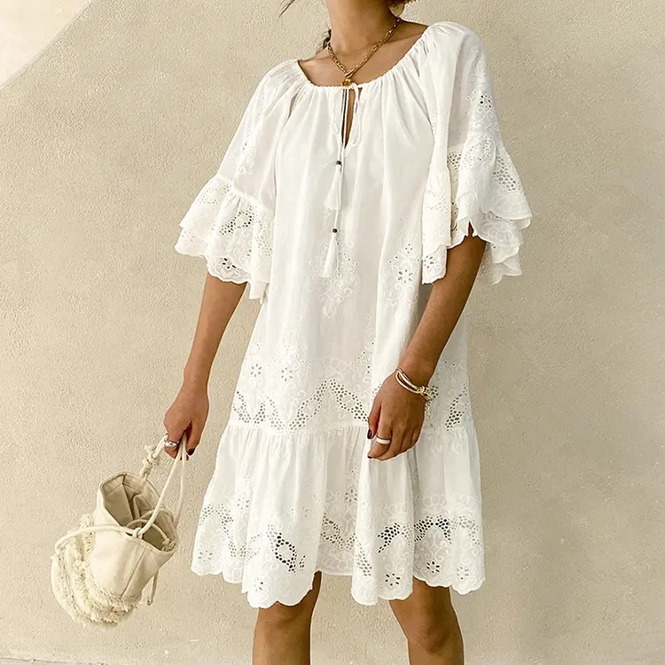 Быстрая доставка, дышащий материал, модное элегантное женское белое Мягкое хлопковое платье с вышивкой, свободное платье-туника в стиле бохо