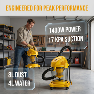 Alta potencia y succión fuerte: Motor de 1400W, succión potente de 17KPa, uso dual en húmedo y seco, tanque de agua de 4L y tanque de polvo de 8L. - Product Image 3