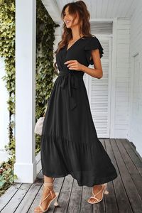 Vestido Maxi Bohemio Floral de Verano para Mujer, Manga Corta, Cuello en V Cruzado, con Volantes, Largo y Fluido, para Playa o Boda - Product Image 4