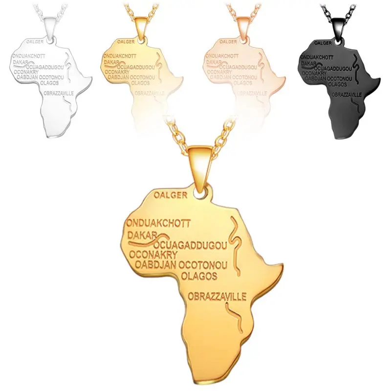 Hiphop 316L Stainless Steel Gold Chain Africa Map Pendant Alphbat African Map Necklace