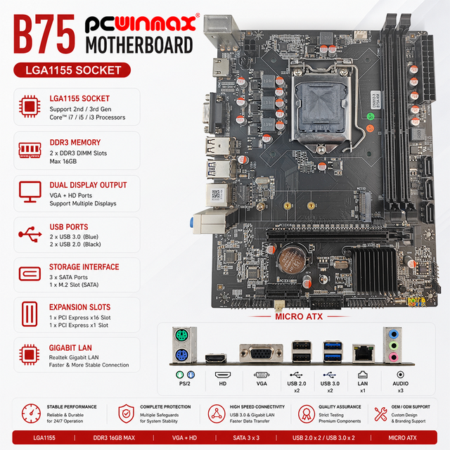 PCWINMAX Motherboard B75 LGA1155 DDR3 SATA with Integrated Graphics Gaming Board OEM/ODM Factory Price Wholesale for Desktop PCs